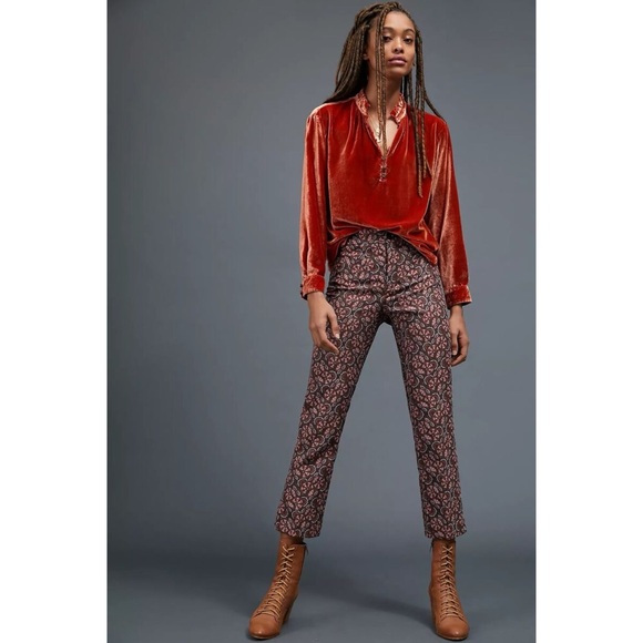 NWT Anthropologie The Essential Slim Straight Trousers  Brown Brocade Print sz 6 - Picture 1 of 13